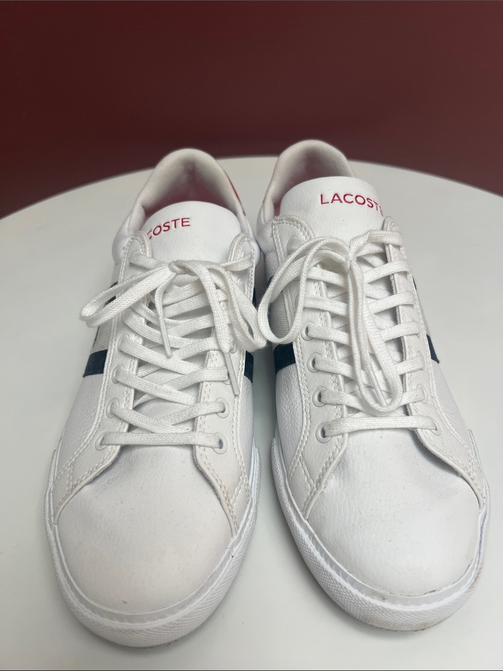 Lacoste White Sneakers with Navy Stripes and Red Heel Tab - Picture 2 of 5
